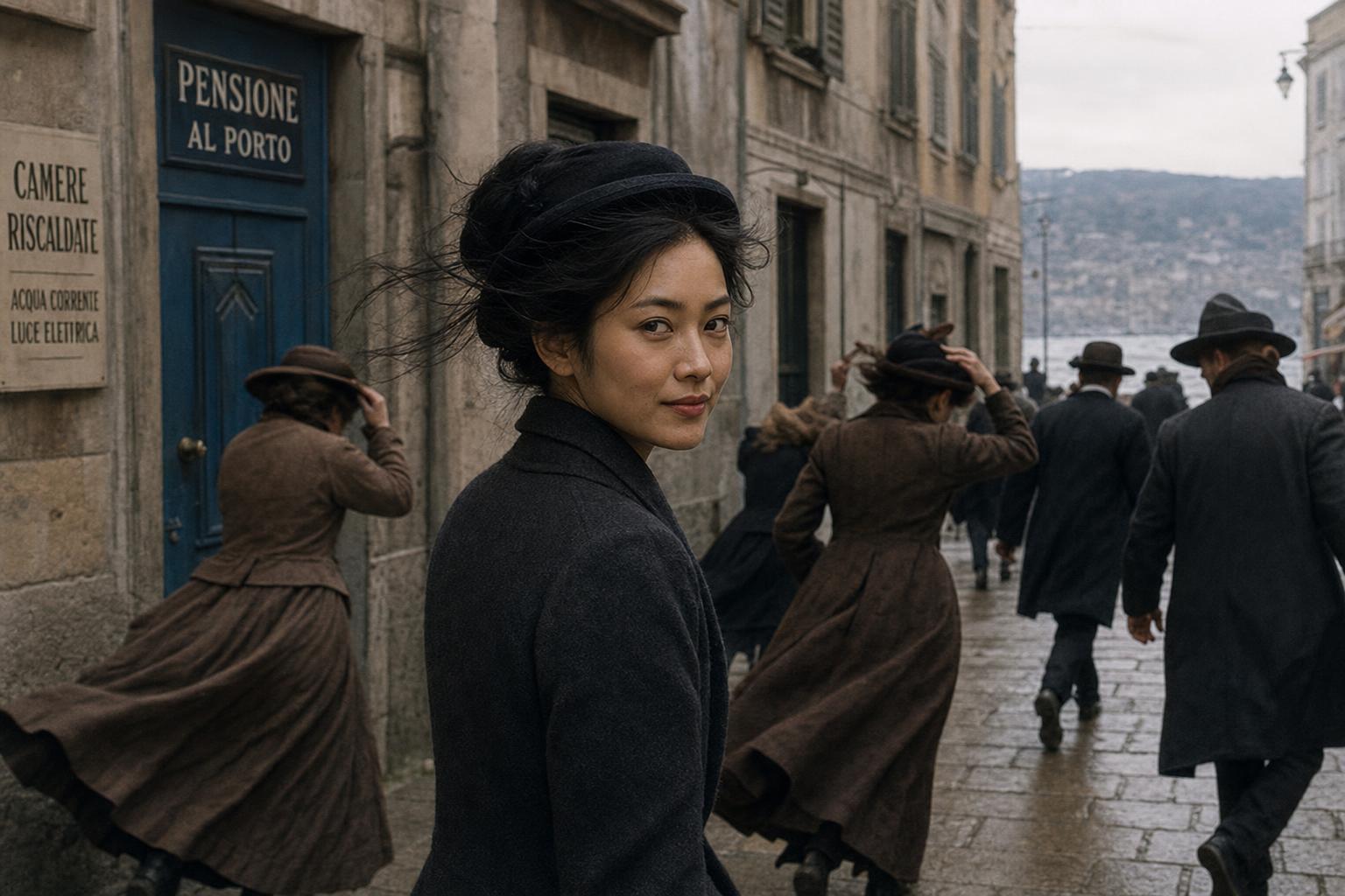 A woman glances back over her shoulder on a windy cobblestone street lined with historic buildings near a harbor.