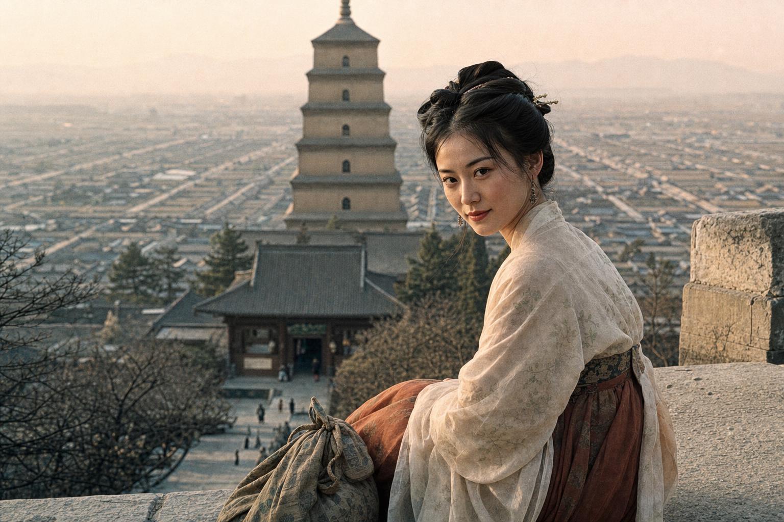 Woman in traditional hanfu sits on ancient wall overlooking Xi'an cityscape with Giant Wild Goose Pagoda visible behind her.