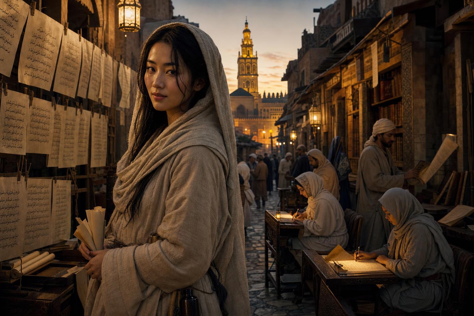 A woman in a hooded cloak stands in a historic street market lined with manuscripts, scribes writing at desks nearby.