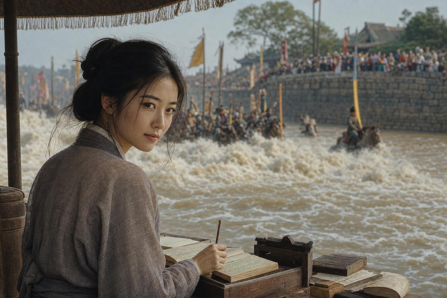 A woman in traditional robes writes at a desk beside a flooding river as soldiers and crowds gather near a city wall.