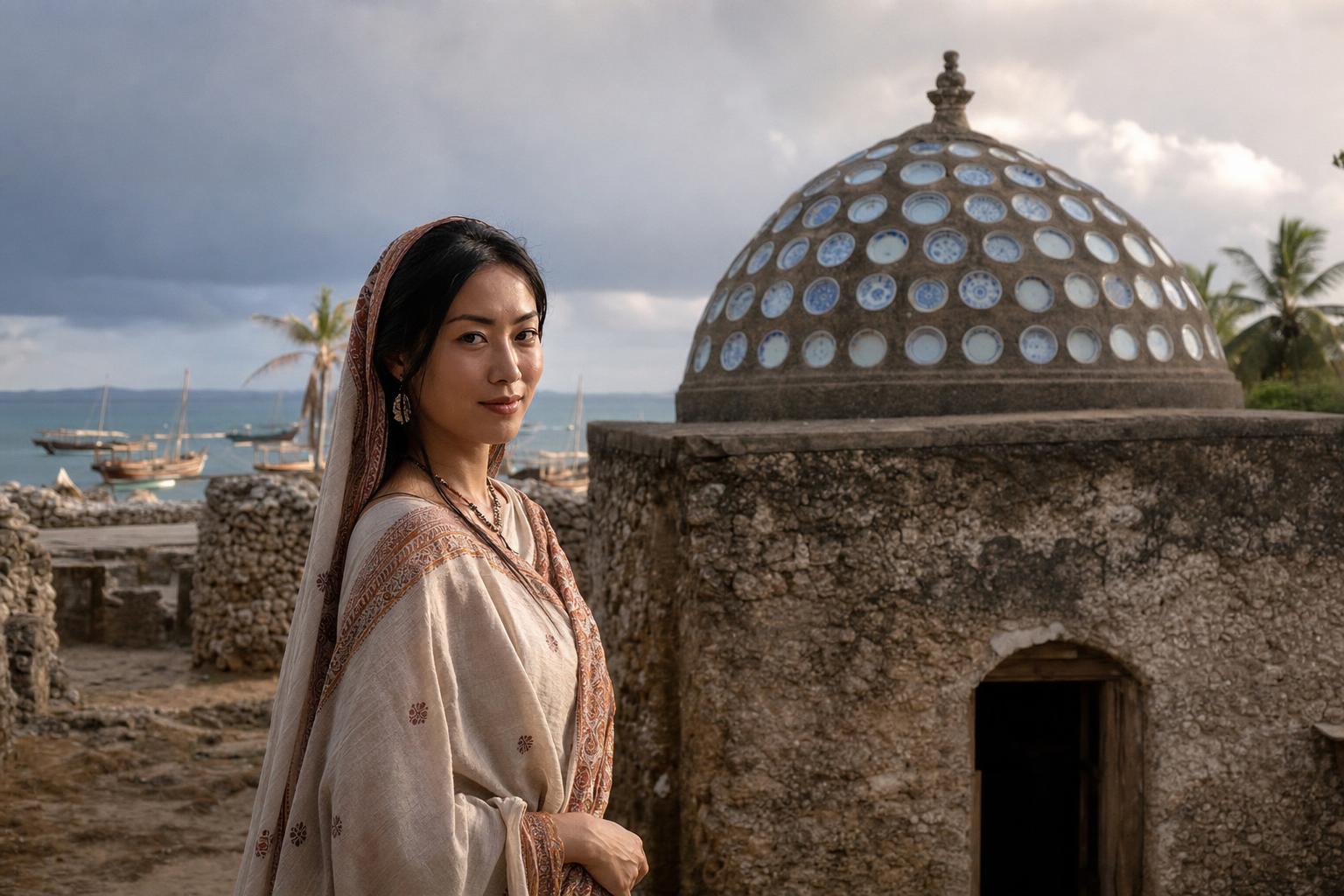 A woman in a patterned shawl stands near a coral-stone tomb with a domed roof inlaid with porcelain plates by the sea.