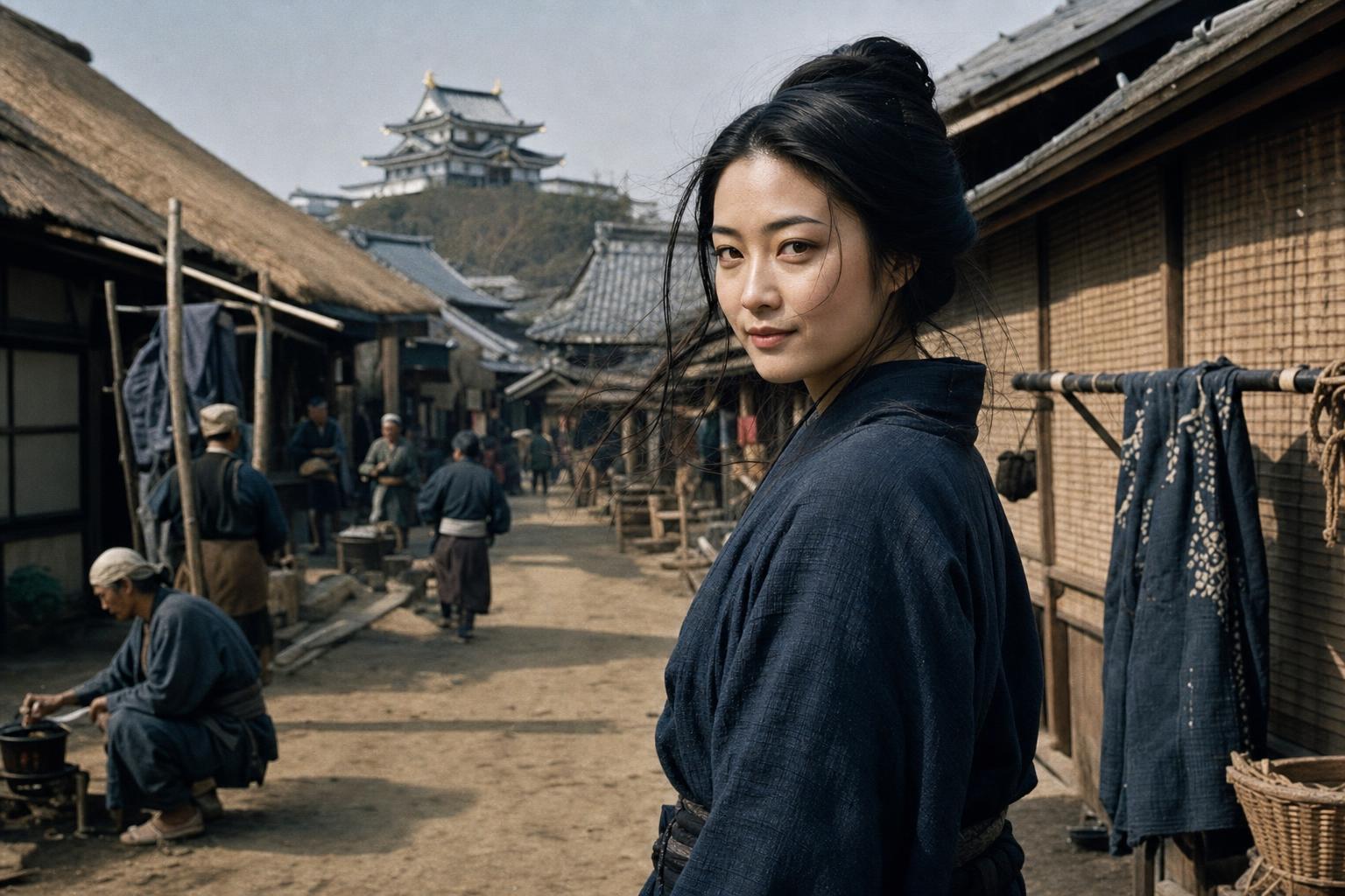 A woman in dark robes stands in a historic Japanese village street, with a castle visible on the hill behind.