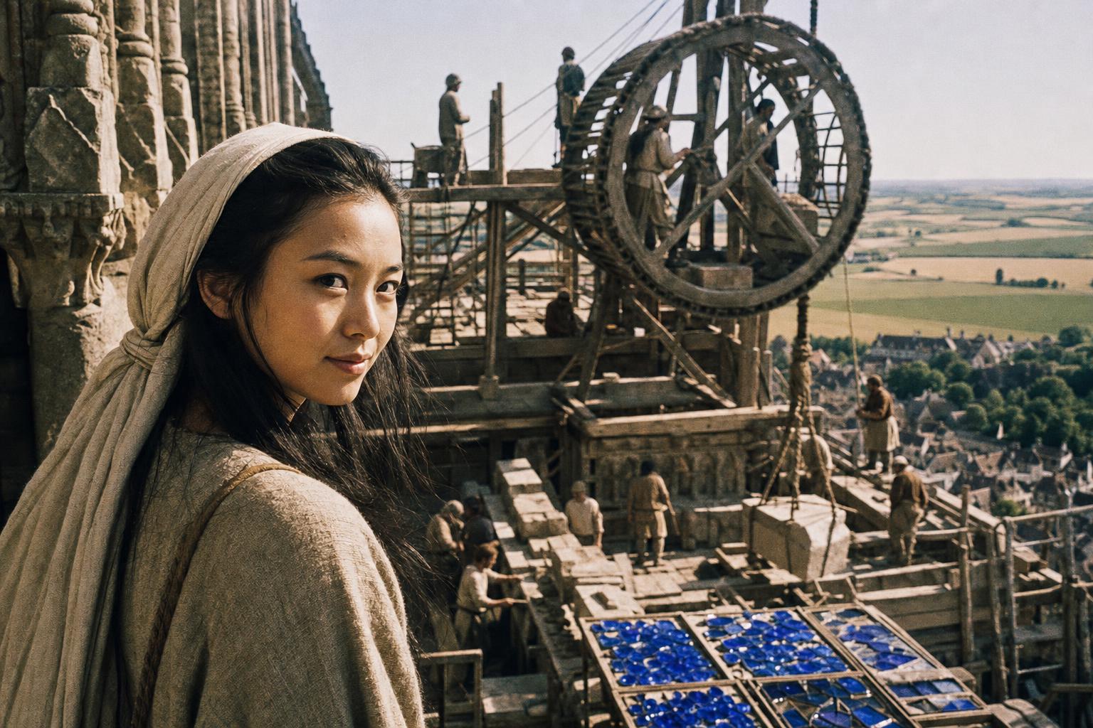 A woman in a headscarf stands atop a medieval cathedral under construction, overlooking workers and a countryside vista.