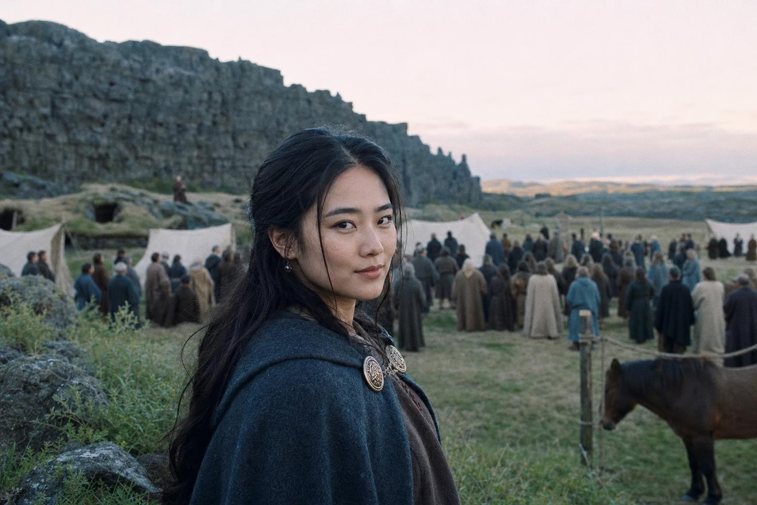 A woman with long dark hair glances back near a crowd gathered by a stone wall and tents at dusk.