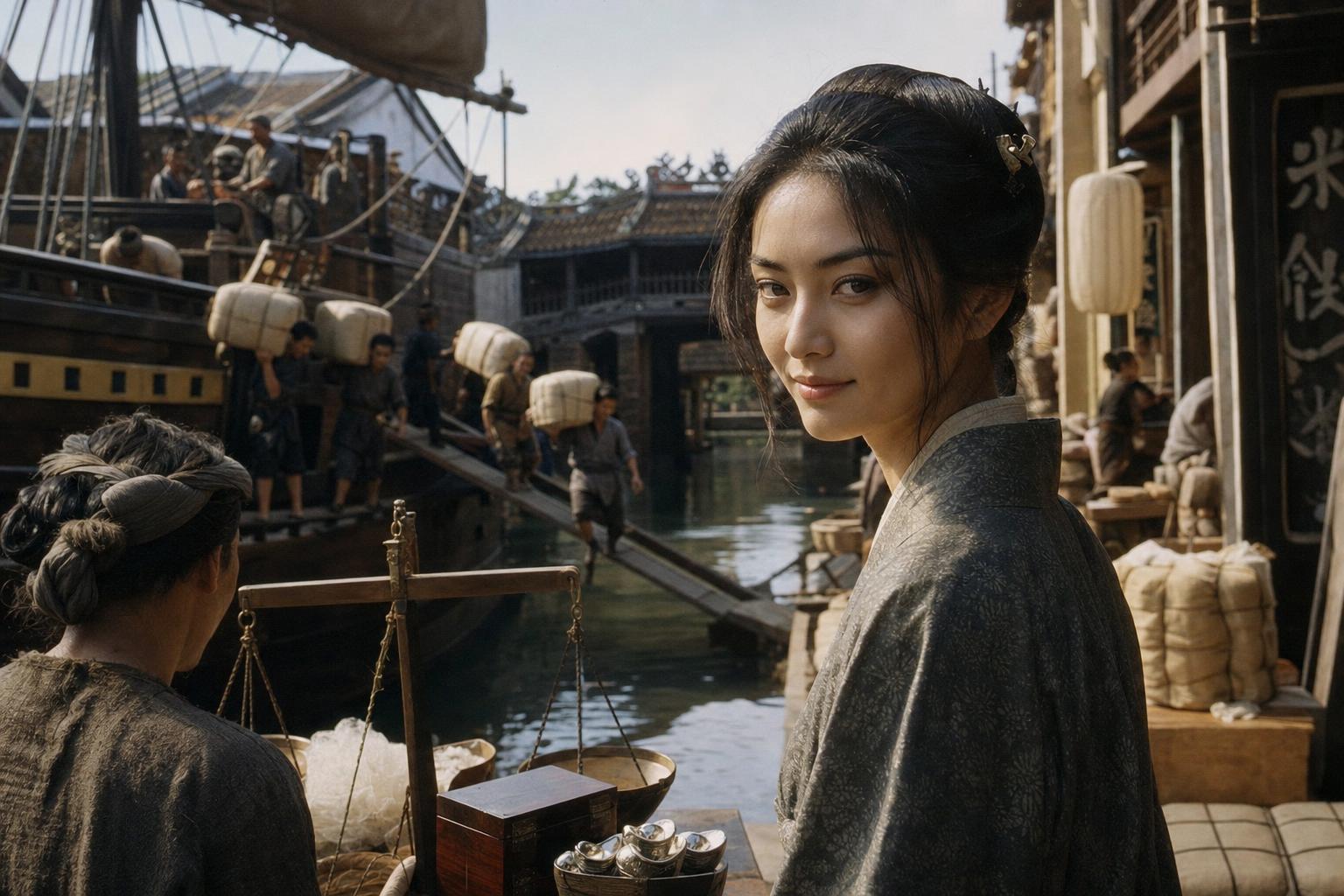 A woman in a traditional dark kimono stands by a busy harbor as workers unload cargo from ships.