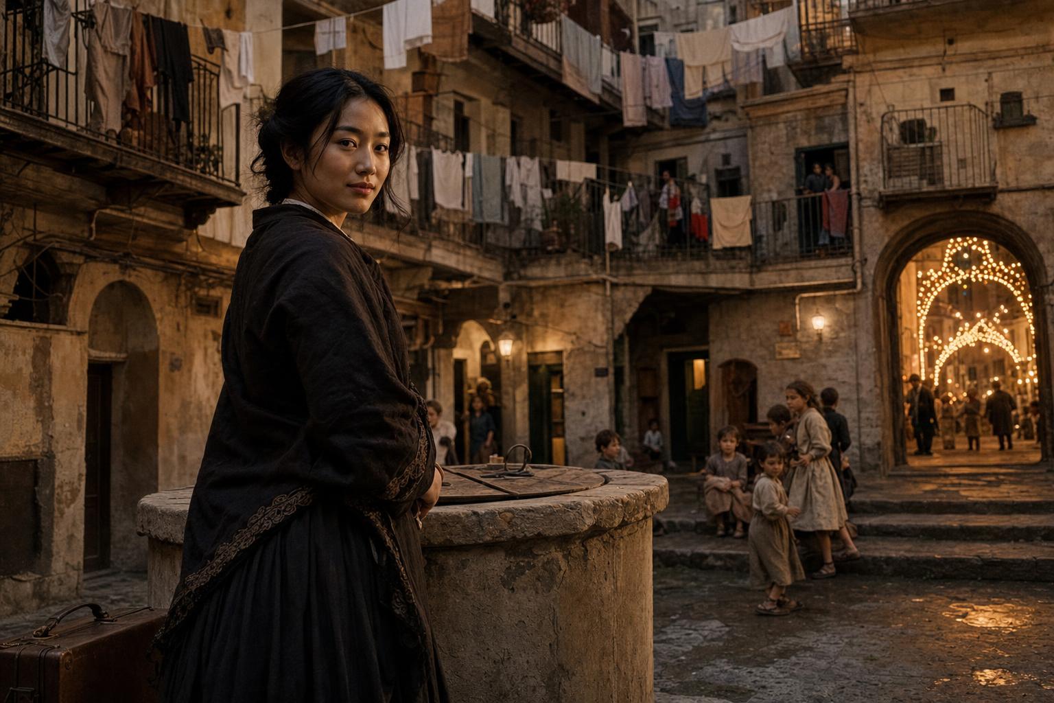 Woman in dark historical dress stands by a stone well in an old courtyard as children play near festive lights.