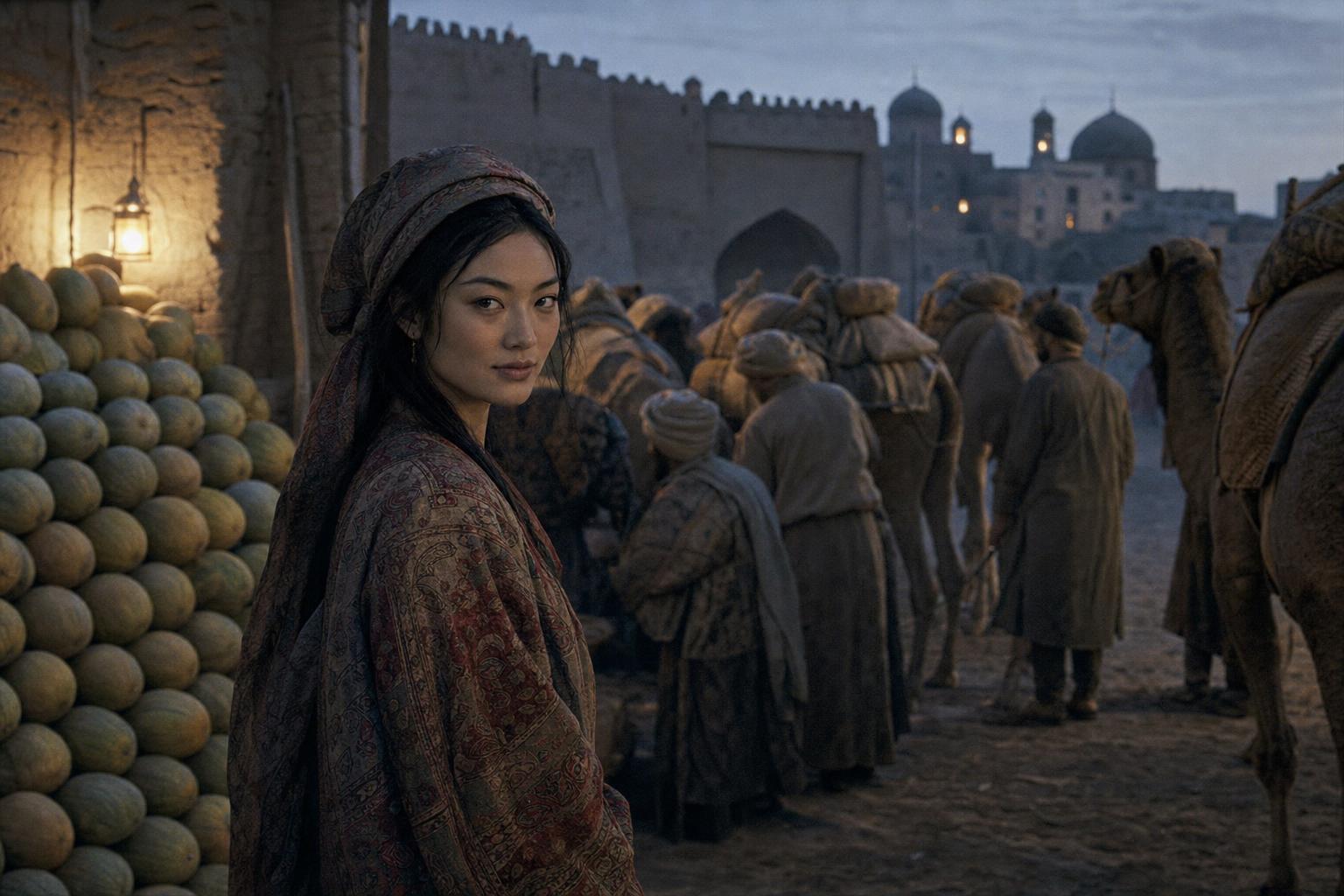 Woman in patterned headscarf and shawl stands by melon stacks as camel caravan passes through ancient city gate at dusk.