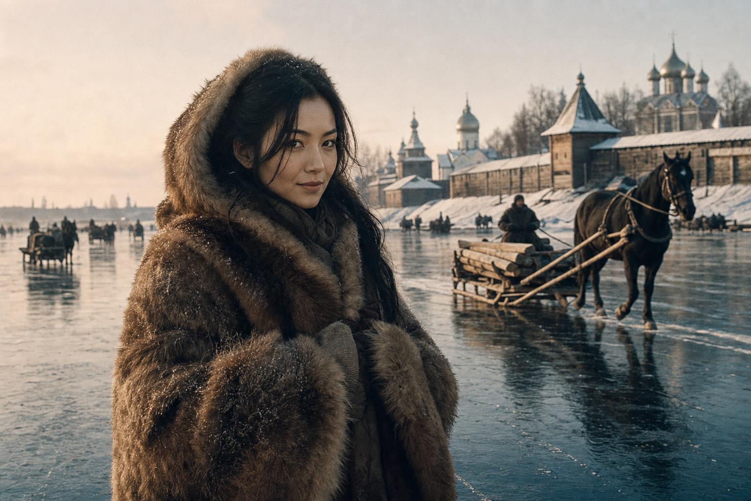 A fur-clad woman stands by a frozen river near a wooden fortress as a horse pulls a log-laden sled at dusk.