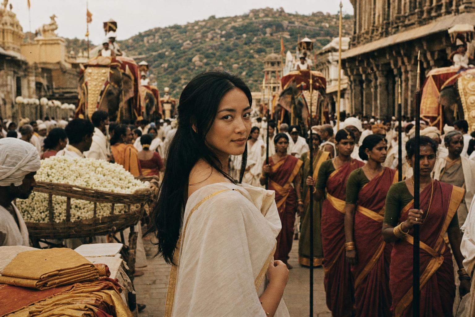 A woman in a white shawl turns toward the camera amid a festive elephant procession through a historic Indian temple town.