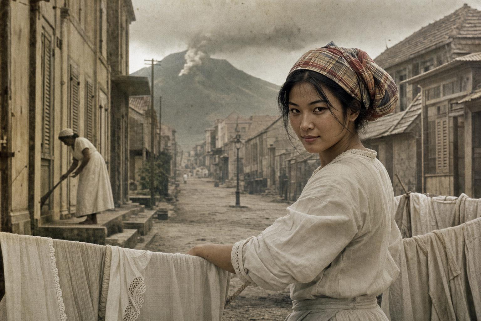 Woman with a plaid headscarf pauses while hanging laundry on a dusty street as a volcano smokes in the distance.