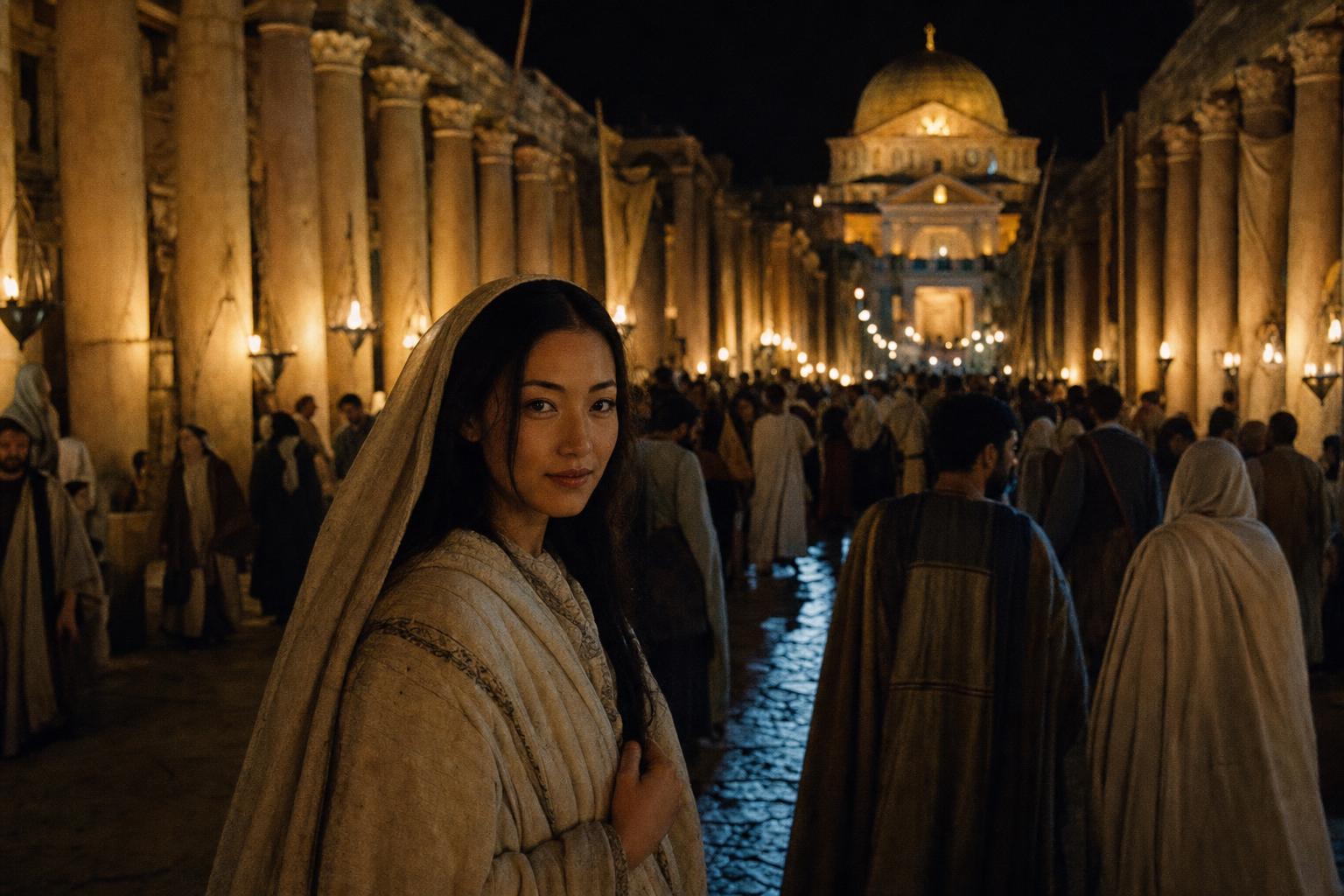 A woman in a hooded cloak glances back while walking through a torch-lit colonnaded street crowded with people at night.