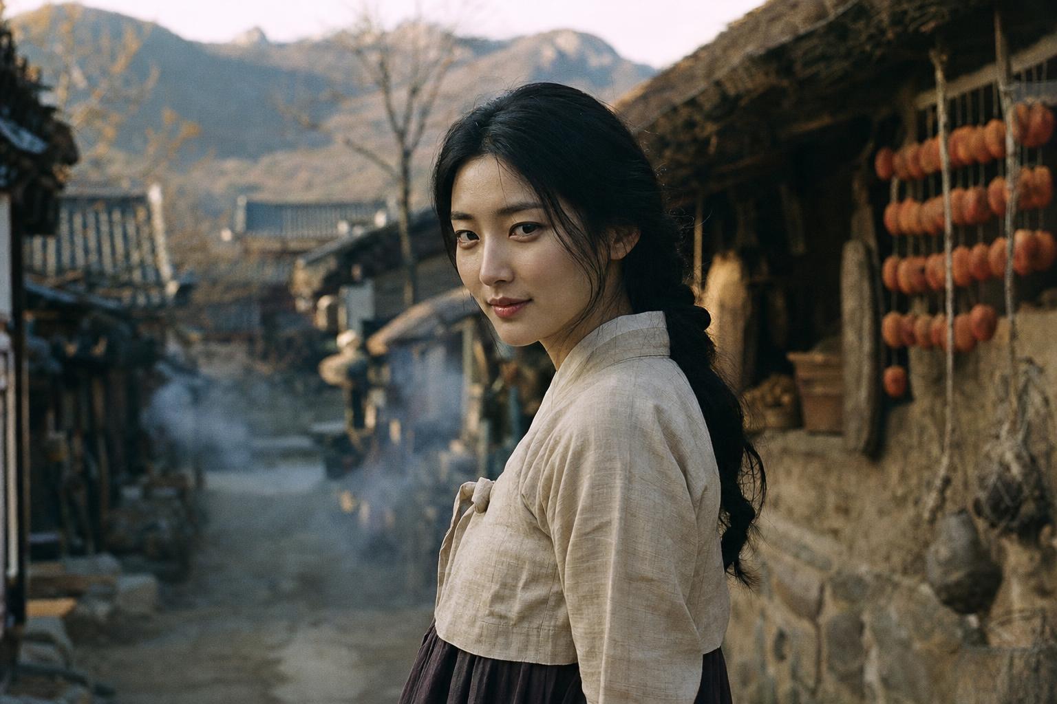 Young woman in traditional hanbok stands in a rustic village lane, persimmons drying on a rack beside her.