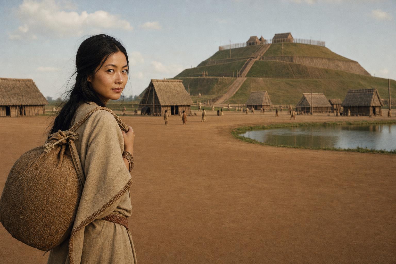A woman with a woven backpack looks back near a village with thatched huts and a large earthen mound.