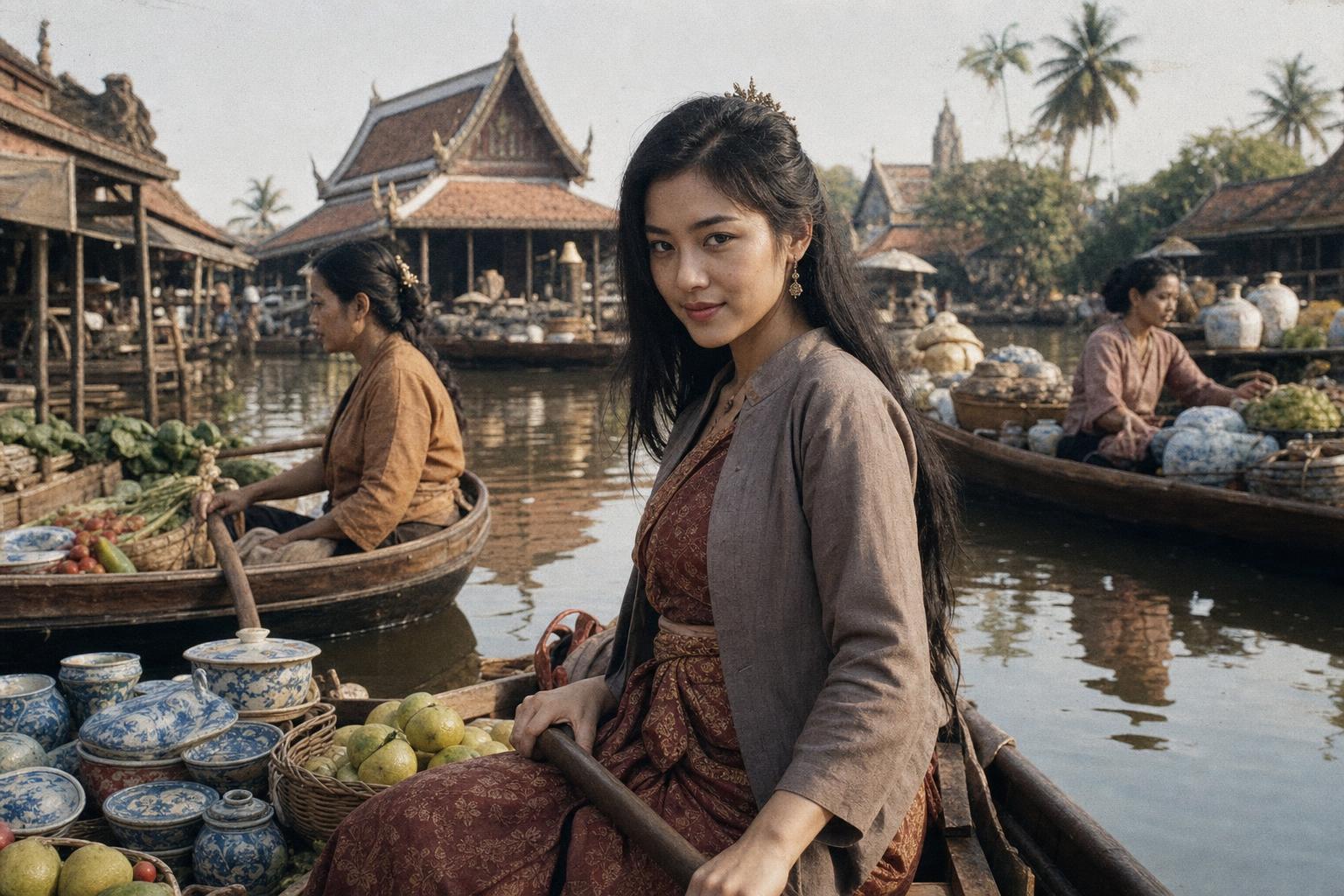 A young woman in traditional dress rows a boat through a bustling floating market lined with temples and vendors.