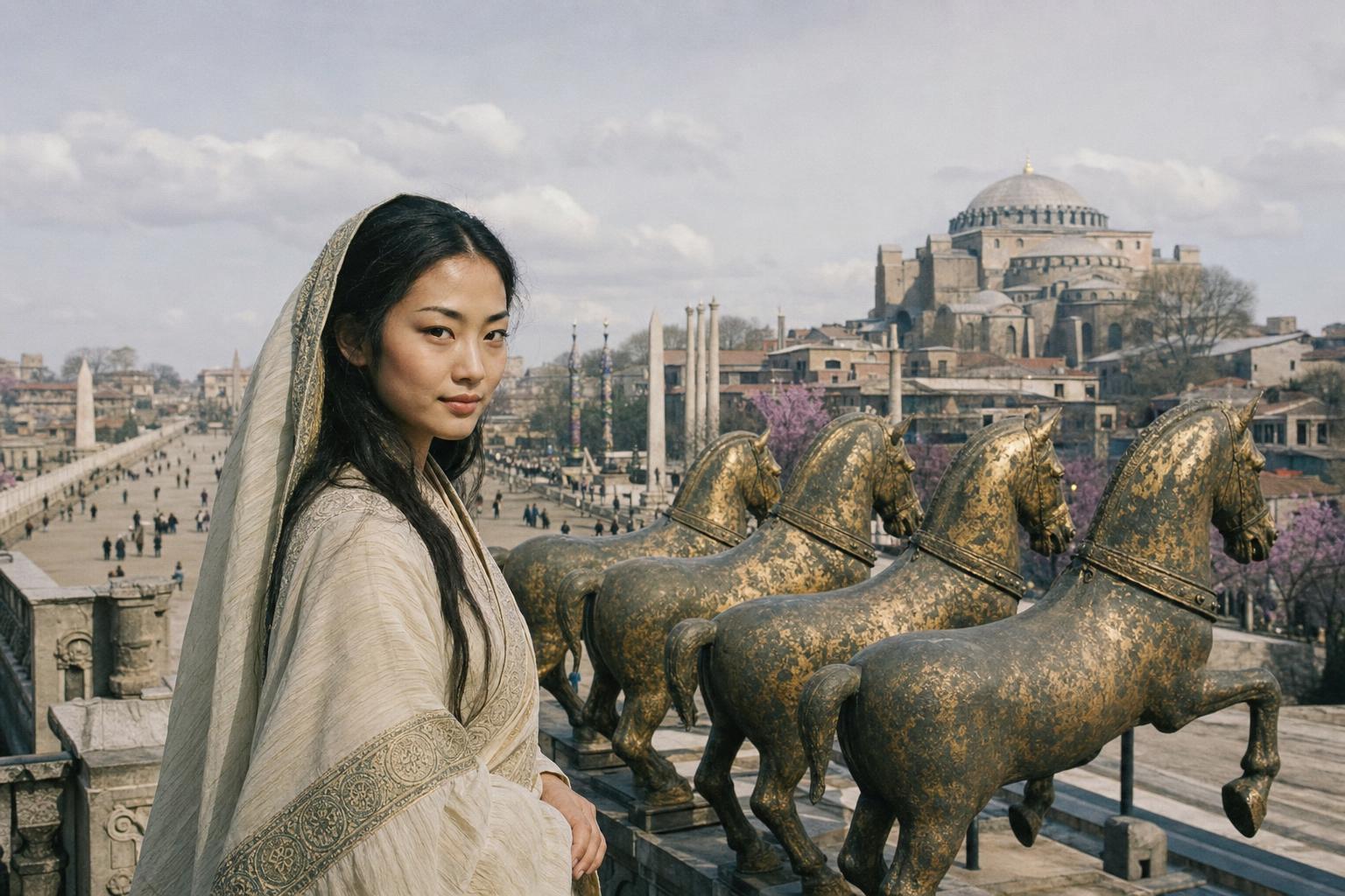 Woman in embroidered shawl stands before the bronze Quadriga horses overlooking a historic city with a domed building.
