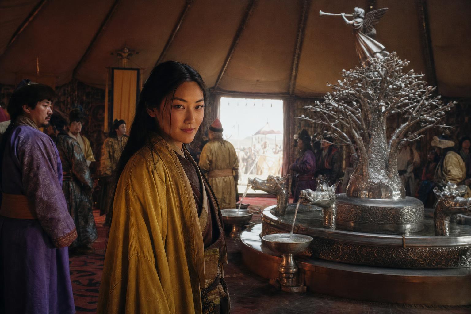 A woman in a golden robe glances back over her shoulder inside an ornate yurt with a silver fountain.
