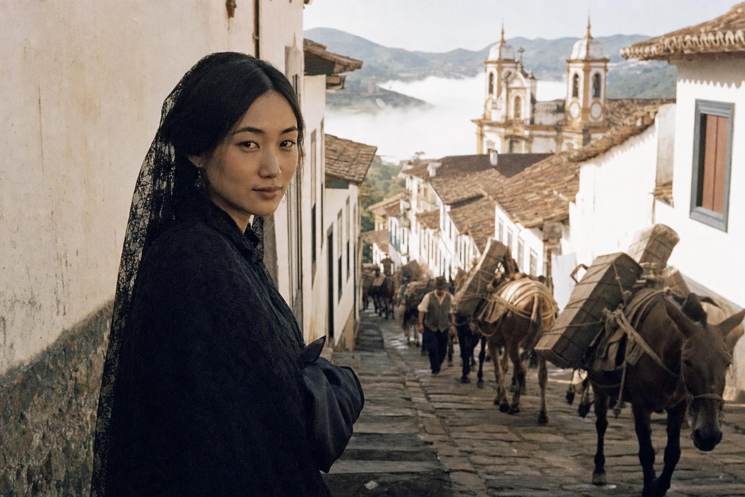 Woman in black lace veil stands on cobblestone street in colonial hill town as mule train passes toward baroque church.