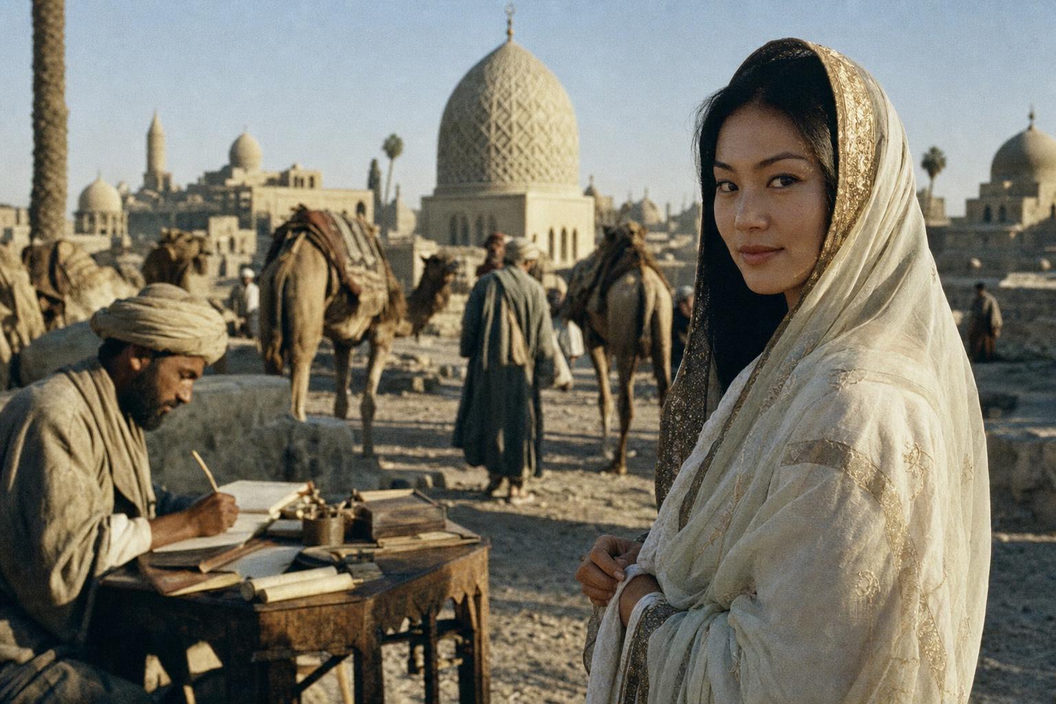 A woman in an embroidered veil stands before a historic city with domed mosques and camels in a marketplace.