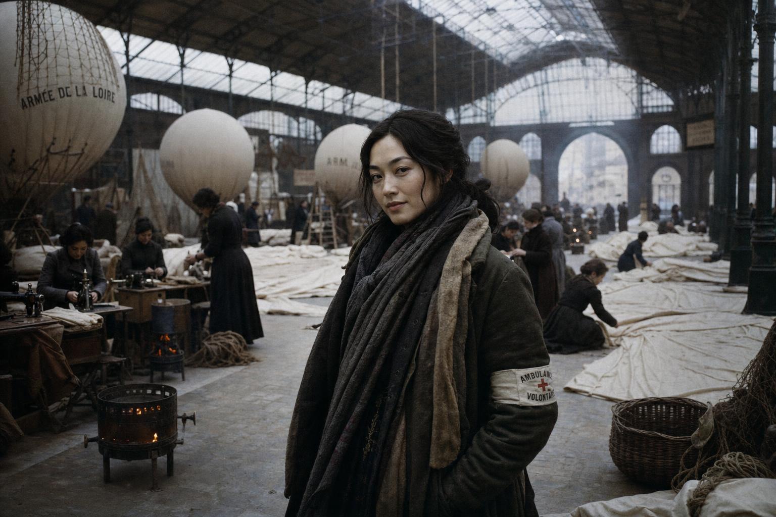 Woman with Red Cross ambulance volunteer armband stands in a large workshop where hot air balloons are being assembled by workers.
