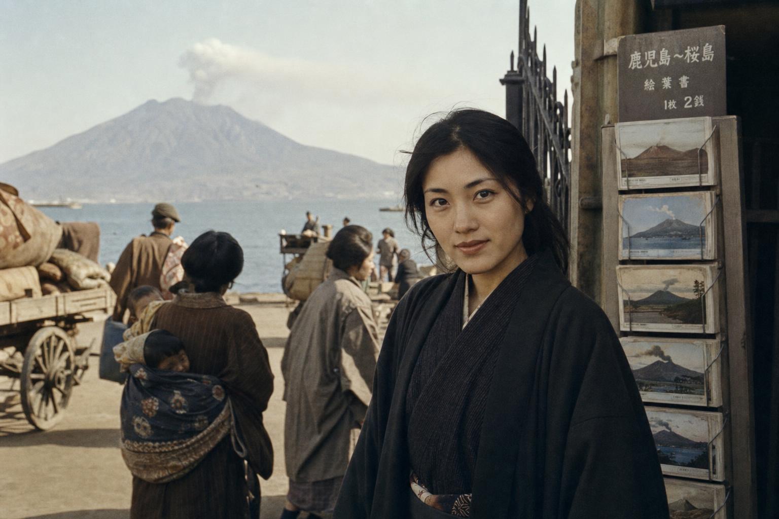 Woman in dark kimono stands near harbor postcard stand as Sakurajima volcano smokes across the bay.