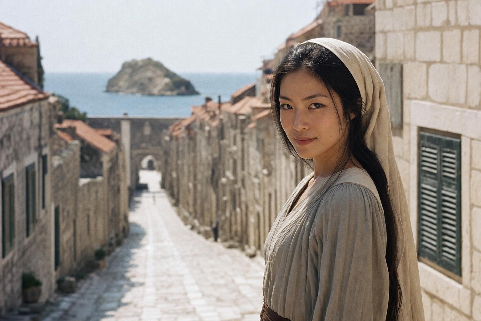 A woman in a headscarf stands in a stone-paved medieval alley overlooking the sea and a small island.