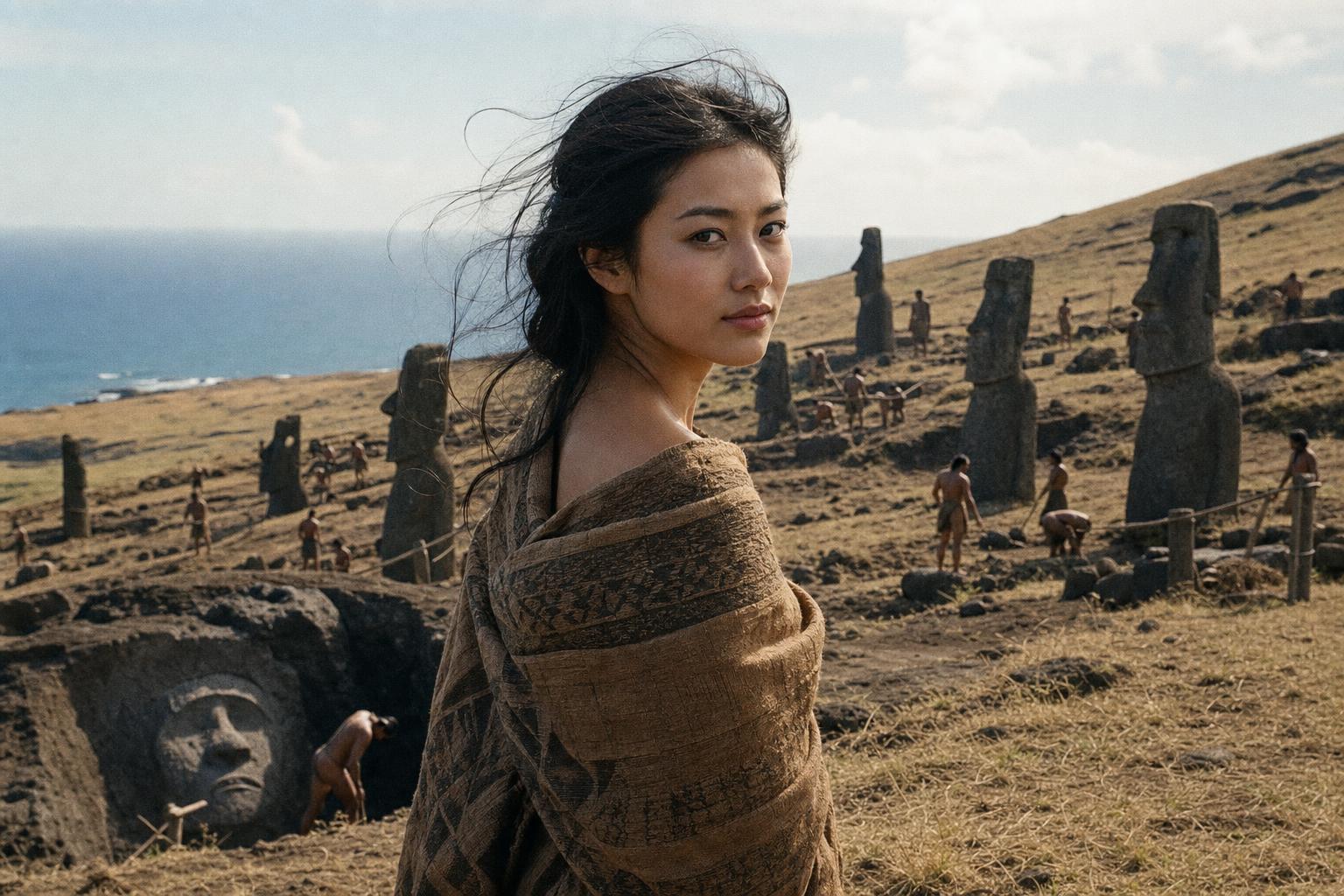 A woman wrapped in a woven shawl stands before Easter Island's moai statues as workers carve figures into the hillside.