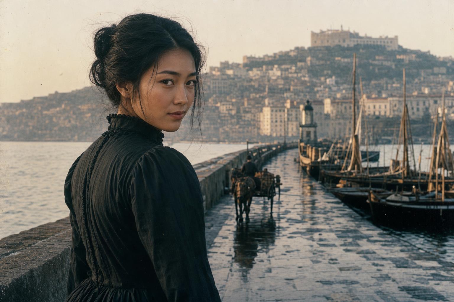 A woman in a dark Victorian dress looks back over her shoulder on a stone pier beside a coastal harbor town.