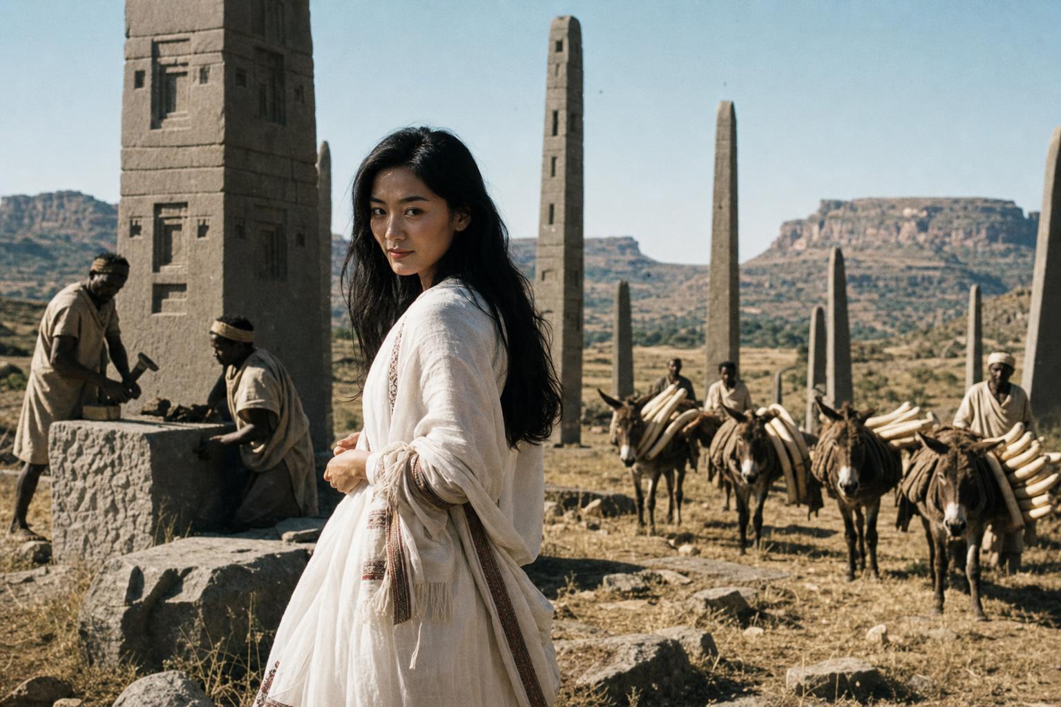 Among tall carved stone stelae in highland Aksum, a woman in a white shawl looks back as masons work and donkeys carry ivory past.