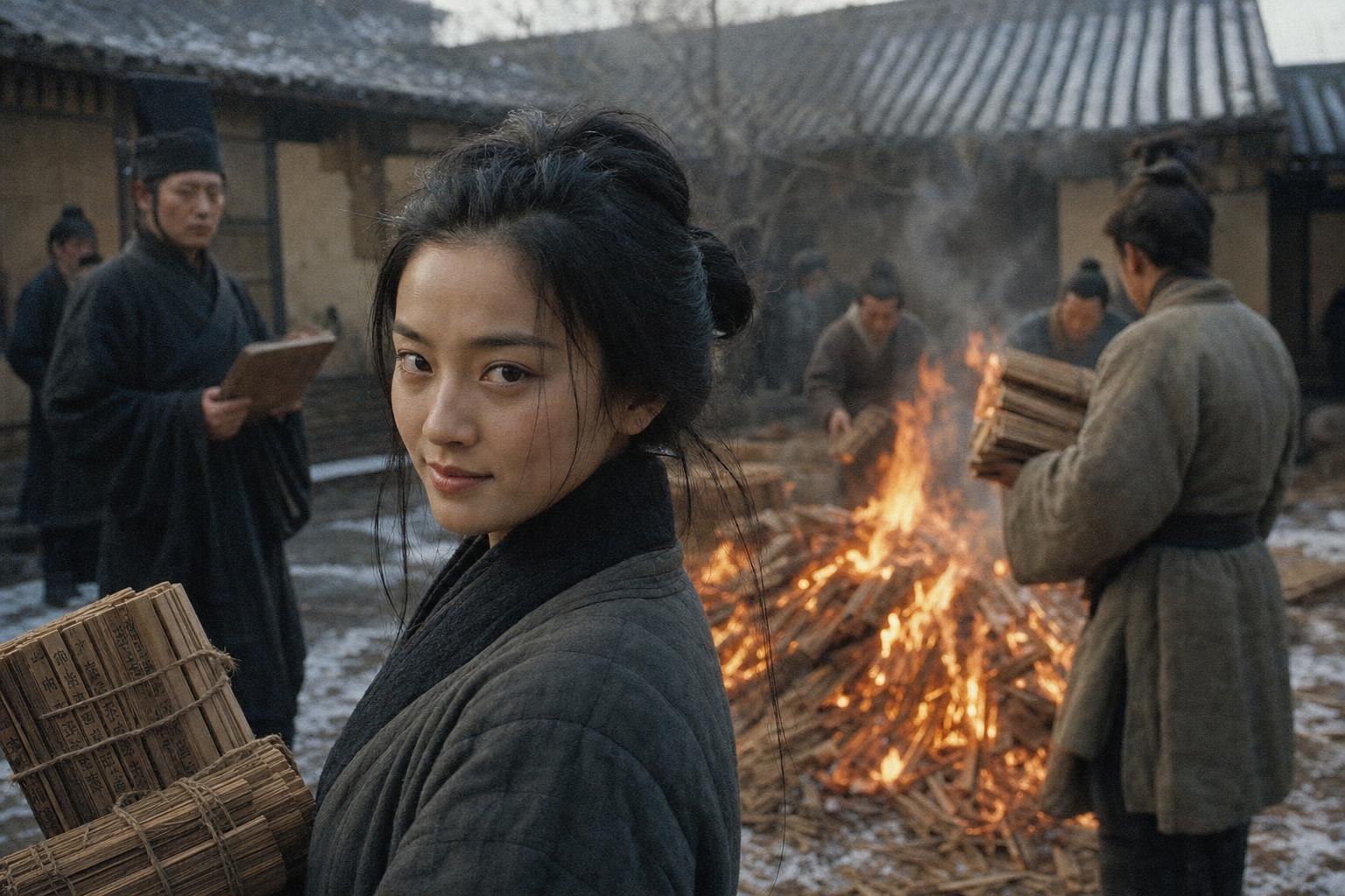 In a frosty courtyard in Xianyang, a woman holding bundles of bamboo books looks back as officials watch others feed a bonfire of them.