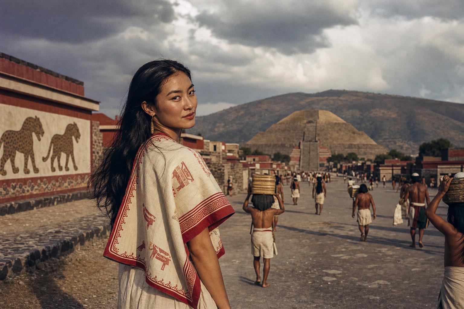 On the Avenue of the Dead at Teotihuacan, a woman in a red-bordered cape looks back past a jaguar mural as porters walk toward the pyramid.