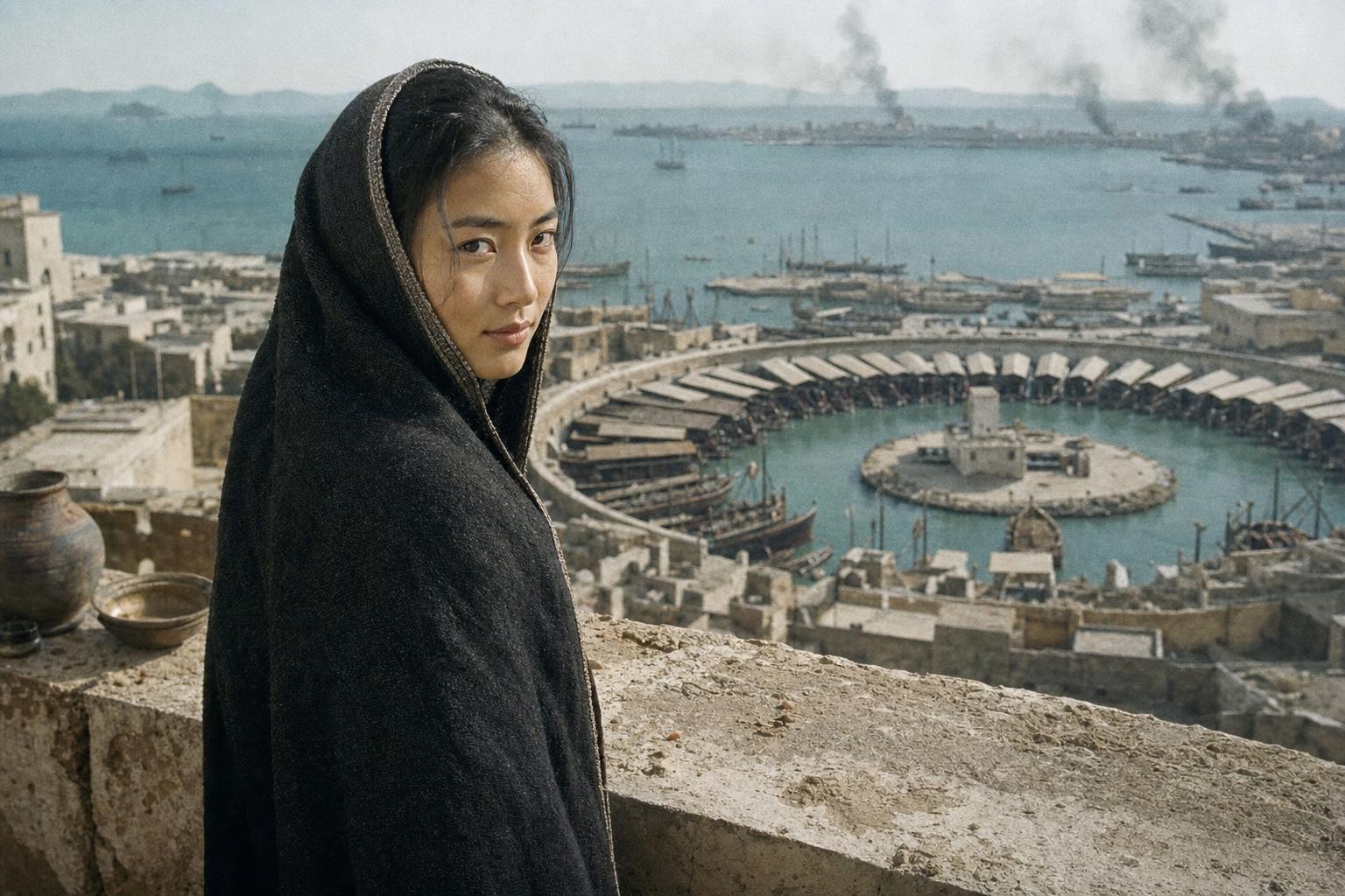 From a rooftop above Carthage, a woman in a dark mantle looks back over the round war harbour, its ships drawn up, smoke rising beyond.