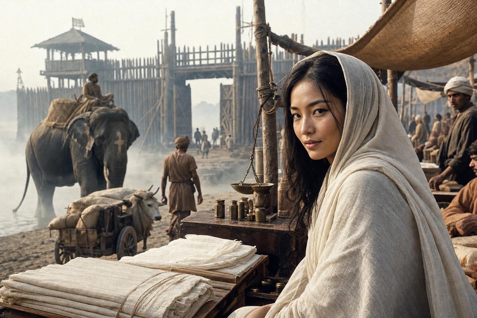 Beside a stall of muslin and brass weights at Pataliputra's timber walls, a woman in a white shawl looks up as an elephant passes.