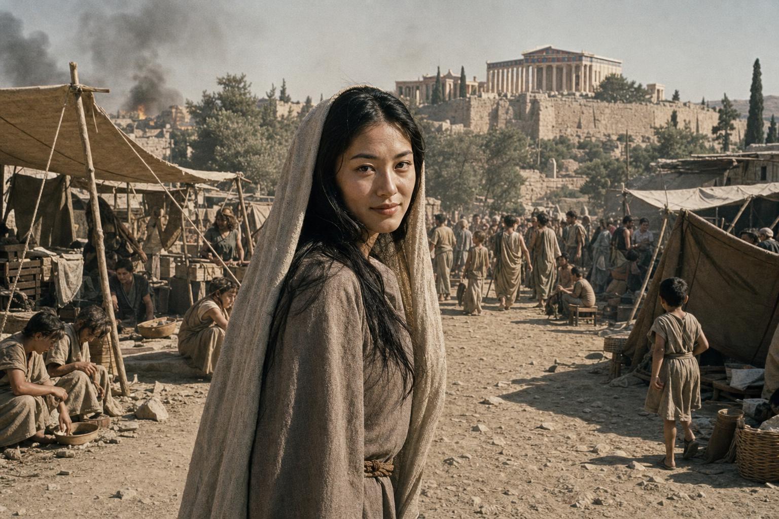 In a crowded refugee camp below the Acropolis, a woman in a grey mantle stands among tents as smoke rises from fires beyond the walls.