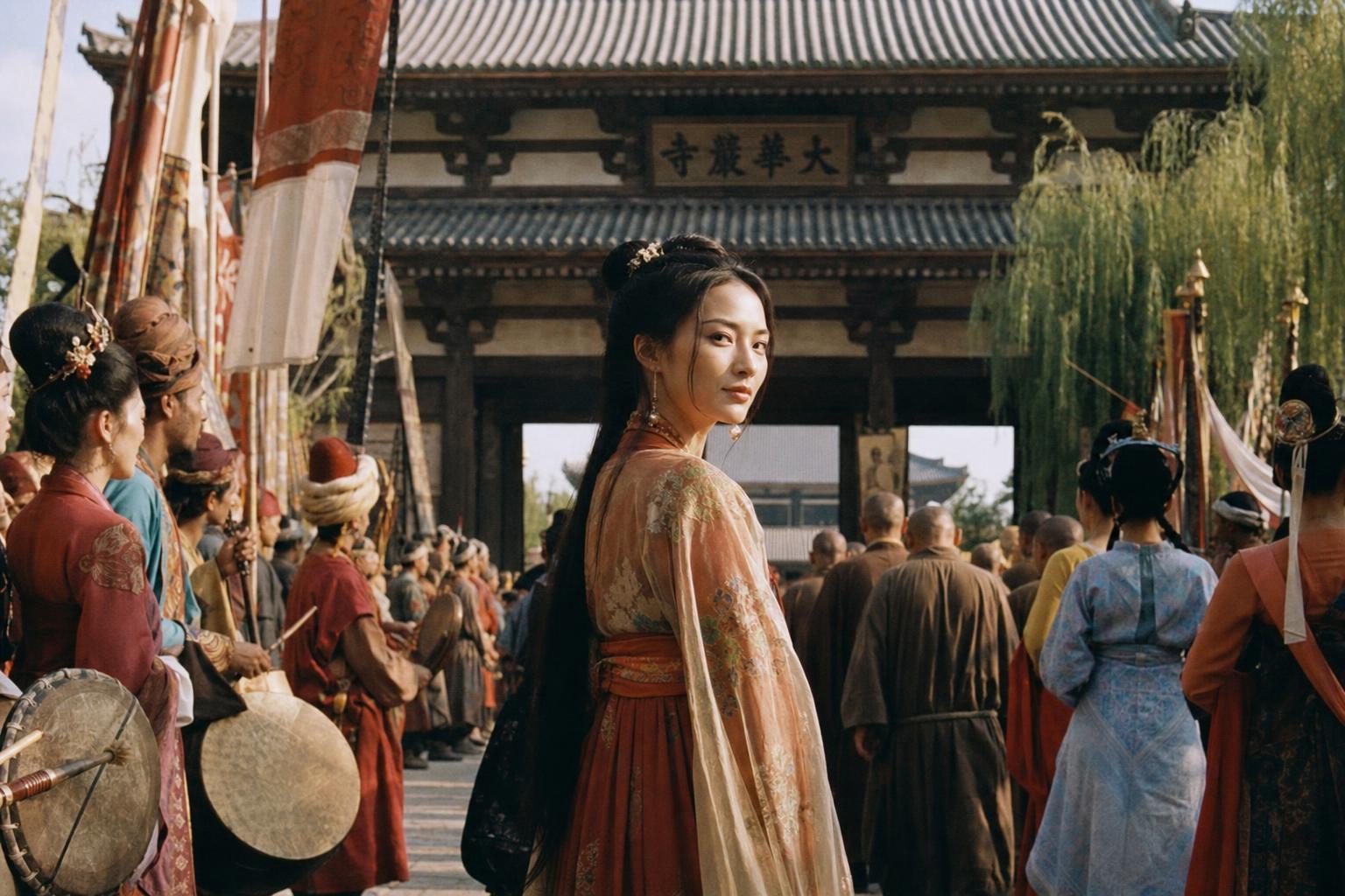 Outside the great gate of Todai-ji in Nara, a woman in a Tang-style silk robe looks back as monks and drummers gather for the ceremony.