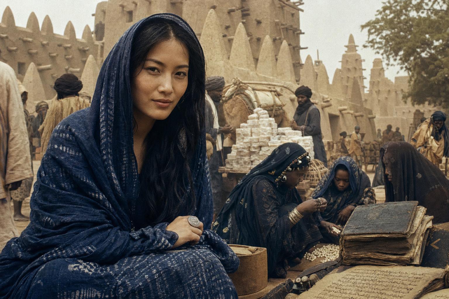 In the market below Timbuktu's mud-brick mosque, a woman in an indigo veil sits by manuscripts as women count cowries beside stacked salt.