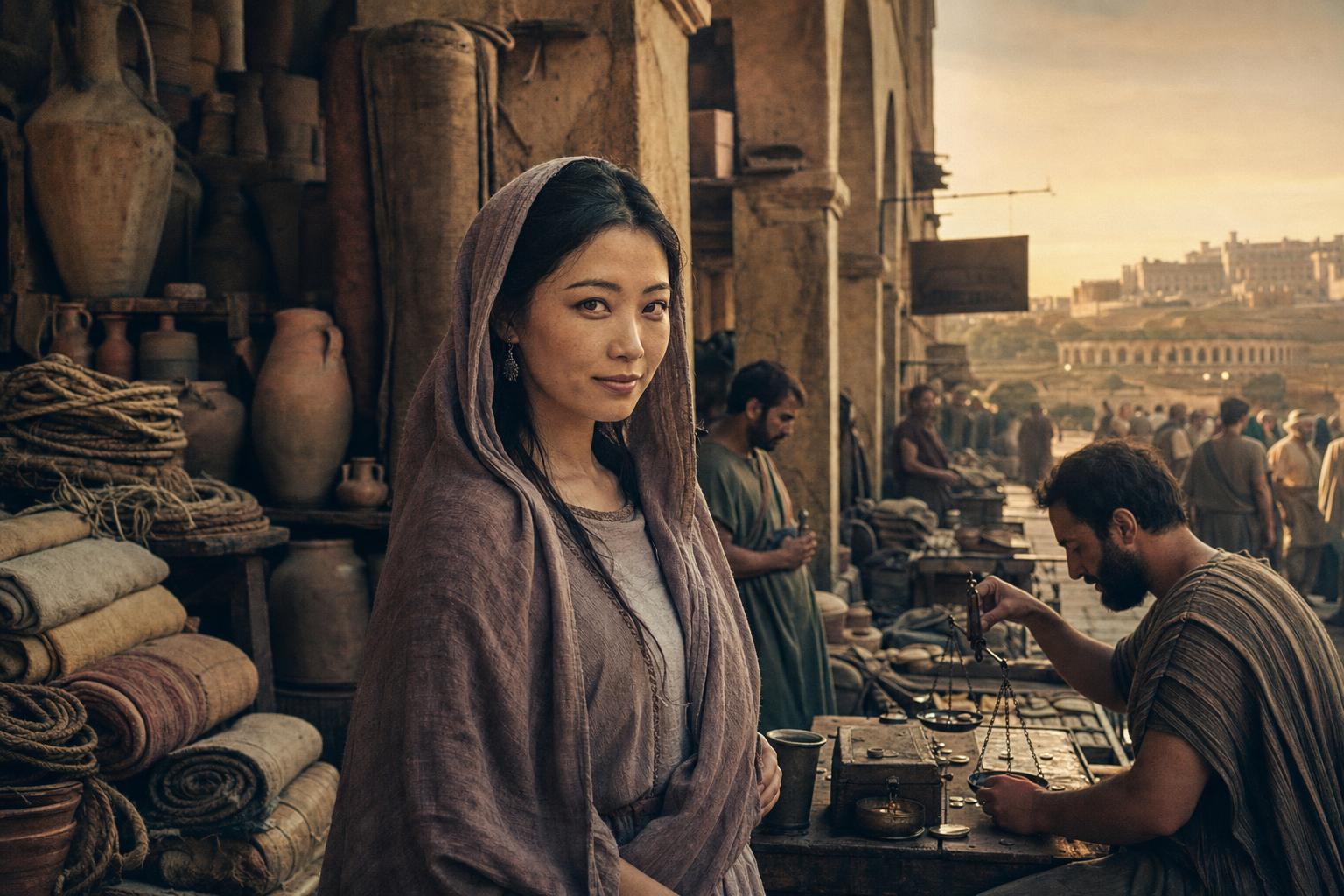 In a Roman shop arcade stacked with amphorae, rope and cloth, a woman in a mauve mantle stands as a money-changer weighs coins at dusk.