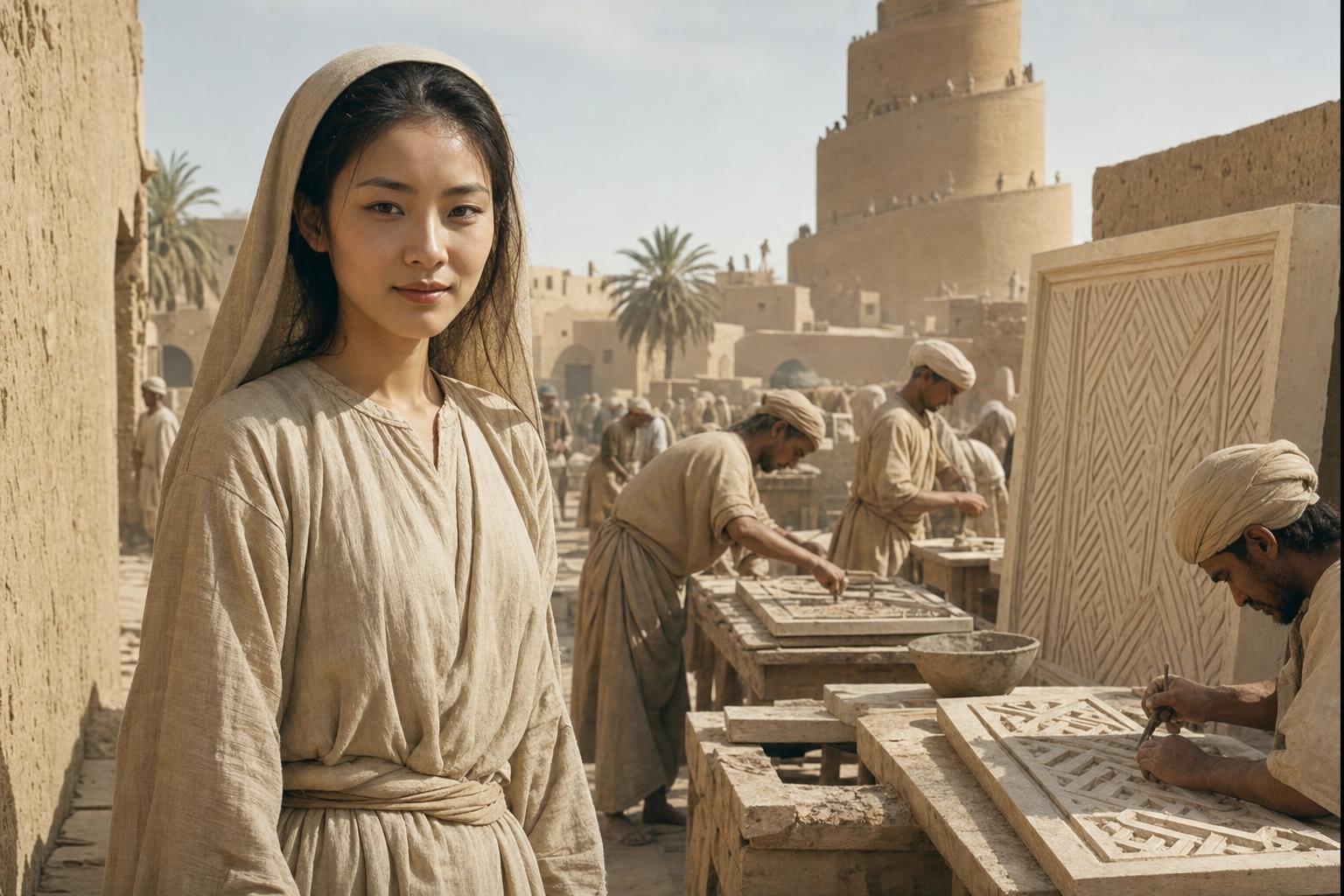 In a stucco carvers' yard at Samarra, a woman in a pale headscarf stands as craftsmen cut patterned panels below the spiral minaret.