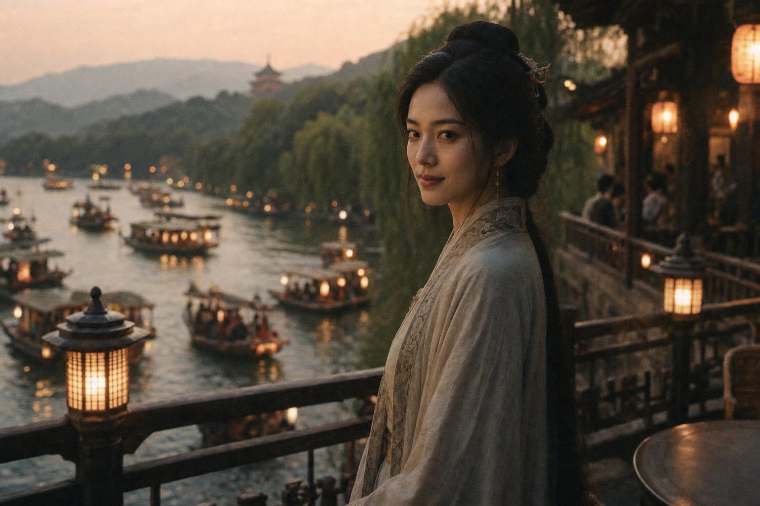On a lantern-lit terrace above West Lake at dusk, a woman in an embroidered robe turns from the pleasure boats on the water.