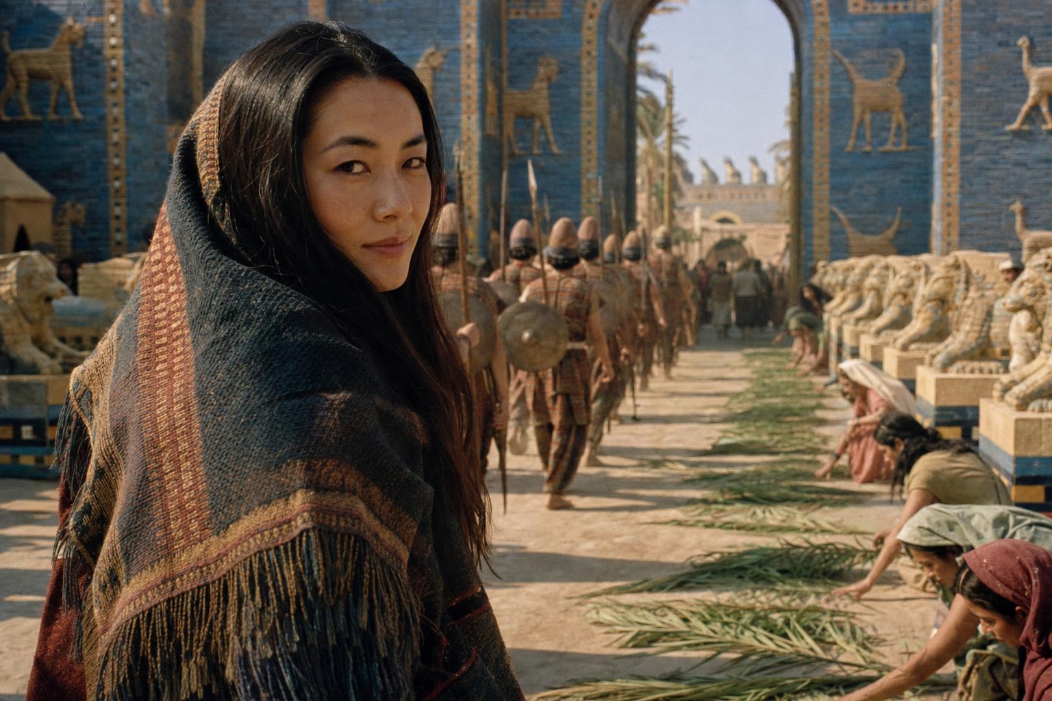 Before the blue-glazed Ishtar Gate, a woman in a fringed shawl looks back as soldiers march in and women lay green branches on the road.
