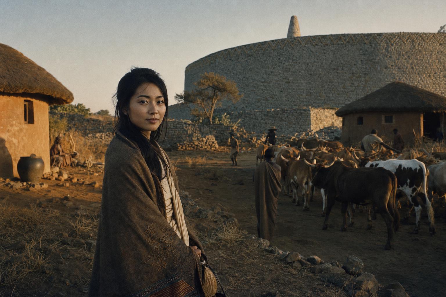 Outside the curving stone wall of the Great Enclosure at Great Zimbabwe, a woman in a brown blanket stands as cattle are driven home at dusk.