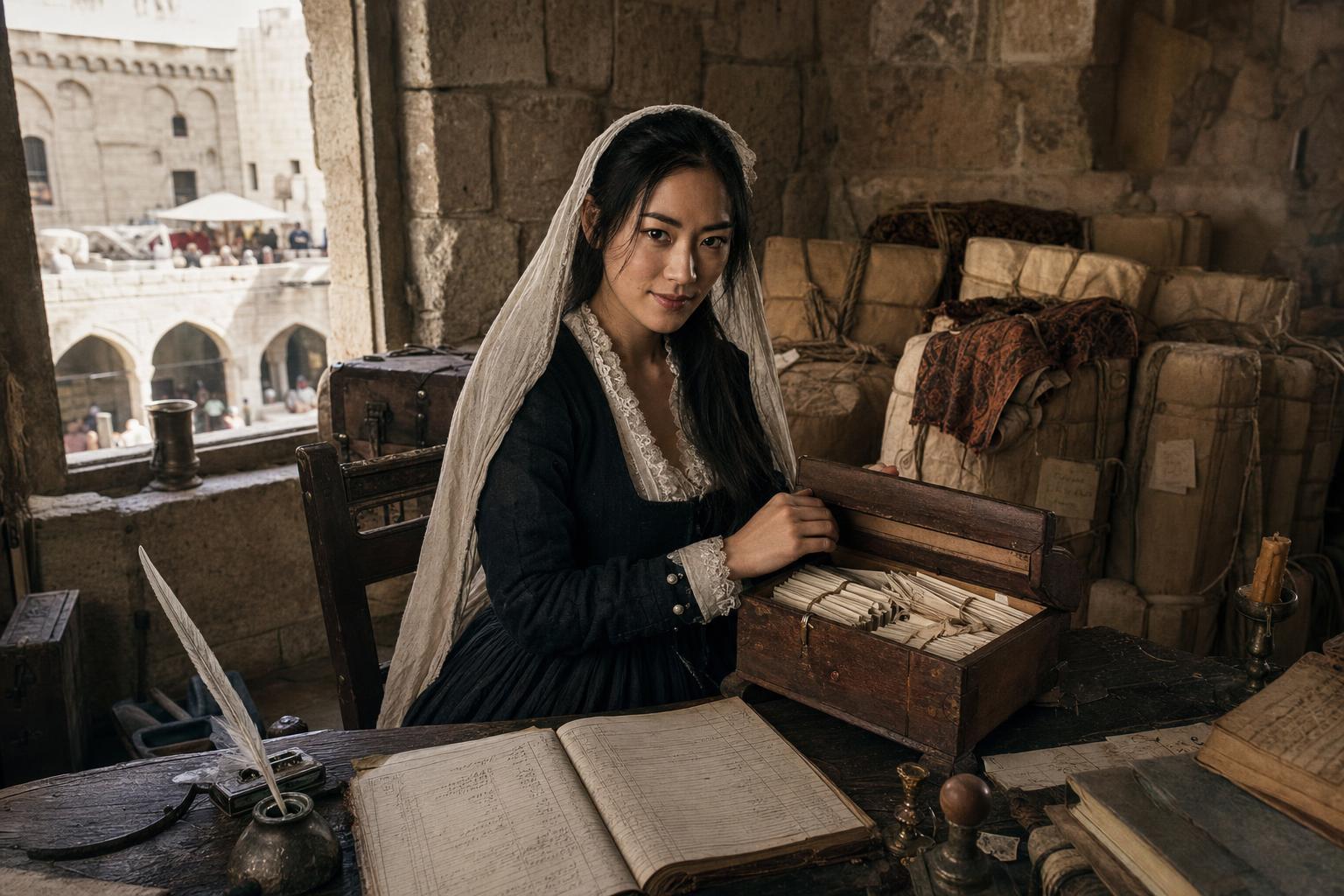 In a stone counting-room above a khan courtyard in Aleppo, a woman in a lace veil opens a wooden box of folded letters beside an open ledger.