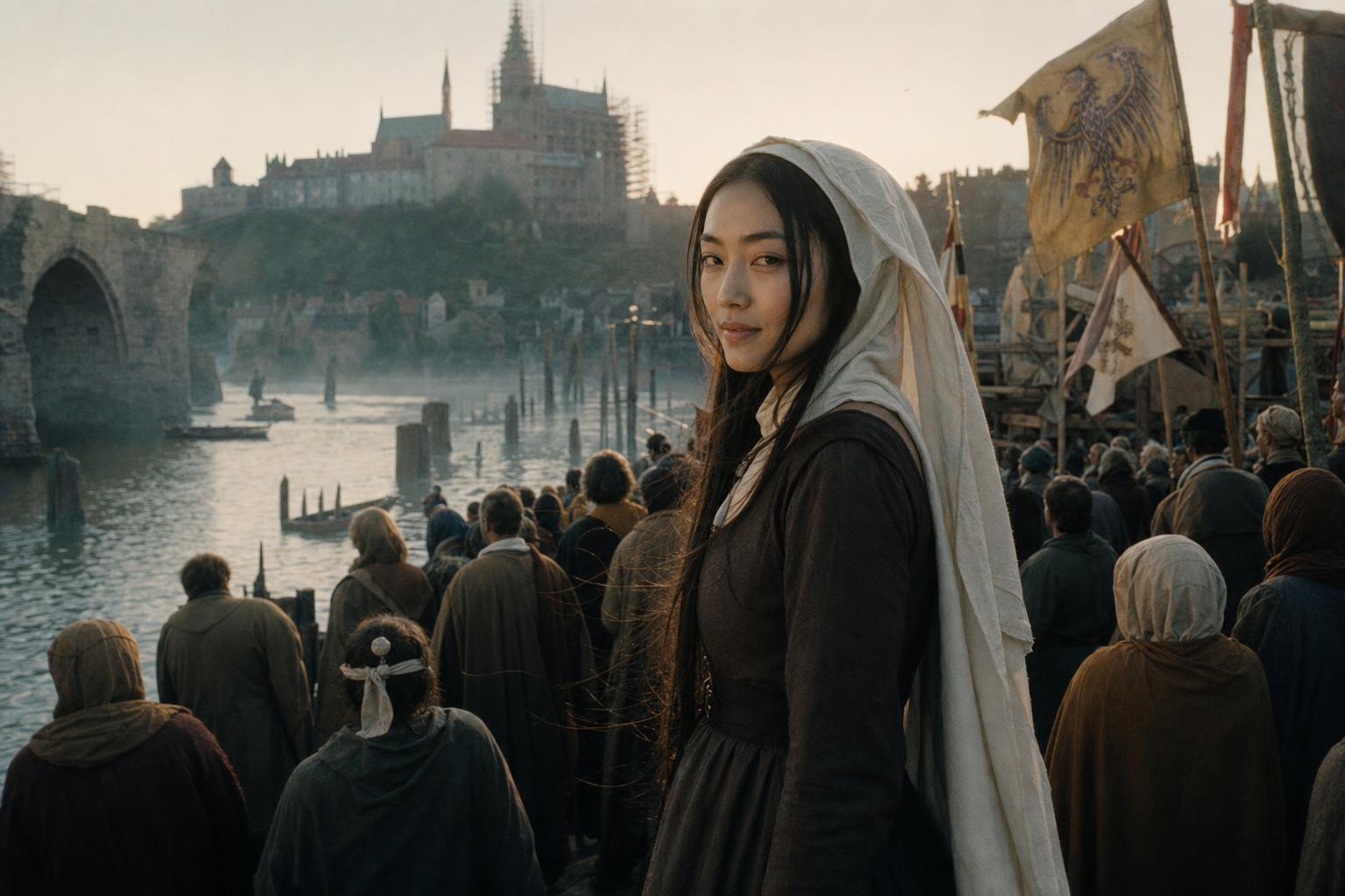 On the Vltava bank at dawn, a woman in a white hood stands in the crowd by the river, the cathedral in scaffolding on the castle hill above.