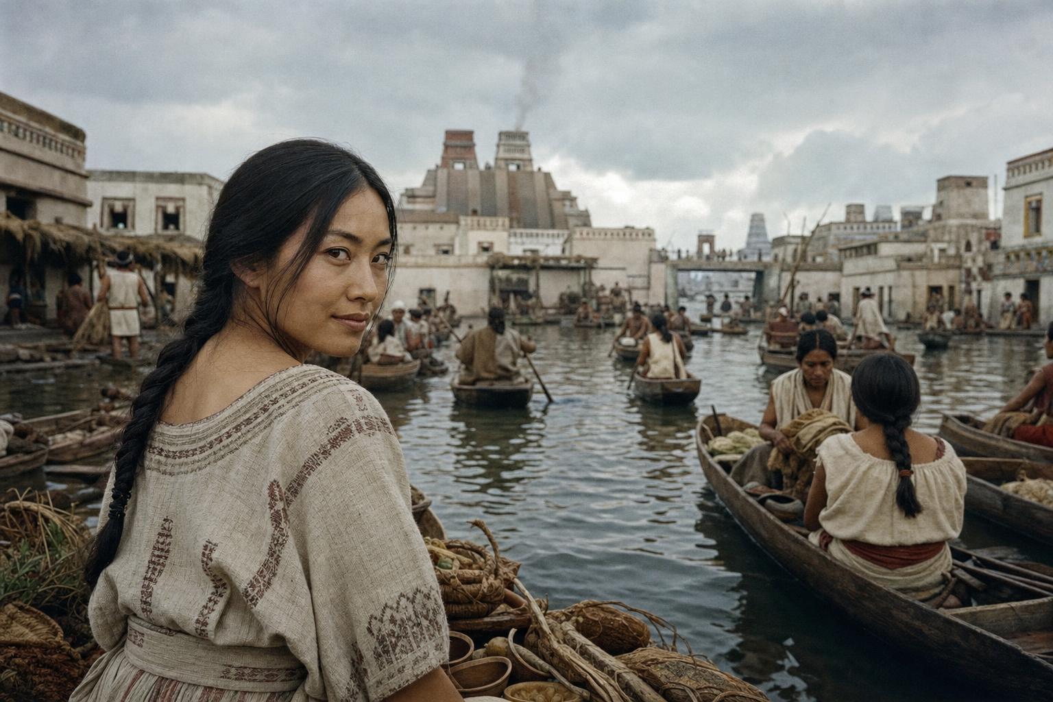 On a canal in Tenochtitlan crowded with canoes, a woman in an embroidered huipil looks back as smoke rises over the twin temples of the great pyramid.