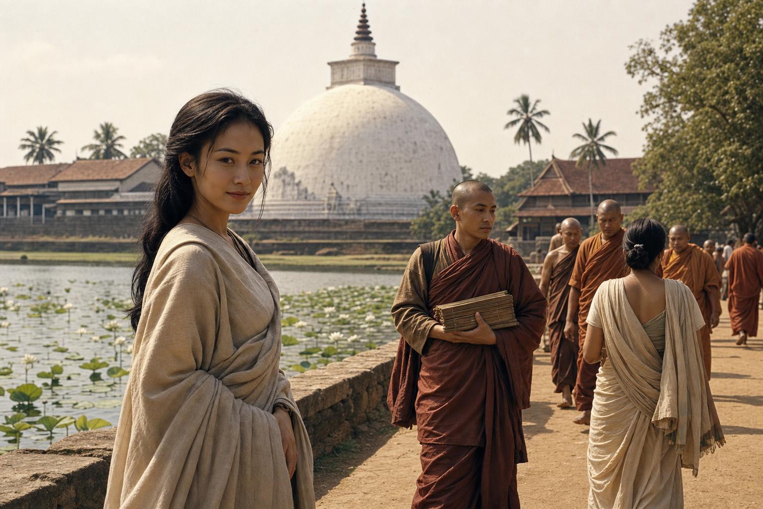 By a lotus reservoir in Anuradhapura, a woman in a cream wrap stands as monks pass, one carrying palm-leaf books, below a great white stupa.