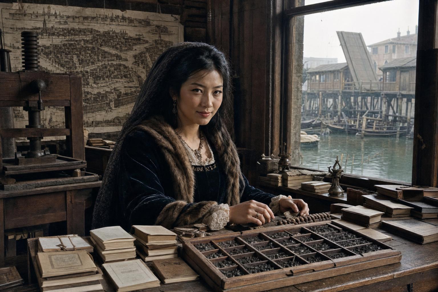 In a Venetian printer's shop, a woman in a fur-trimmed velvet cloak sits among cases of type and small books, a wooden drawbridge in the fog outside.